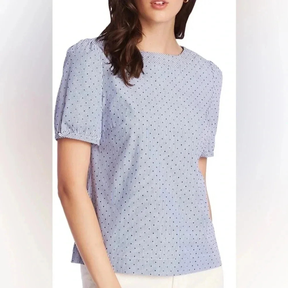 Court & Rowe Flocked Dot Pinstripe Short Sleeve Cotton Blouse M